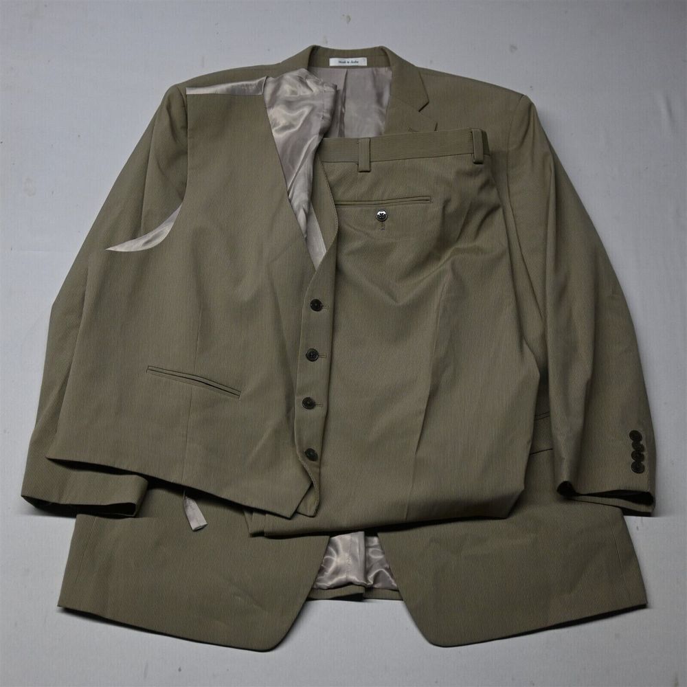 Calvin Klein 46R 42x29‎ Khaki Stripe 3 Peice Mens Vest Jacket Pants Suit